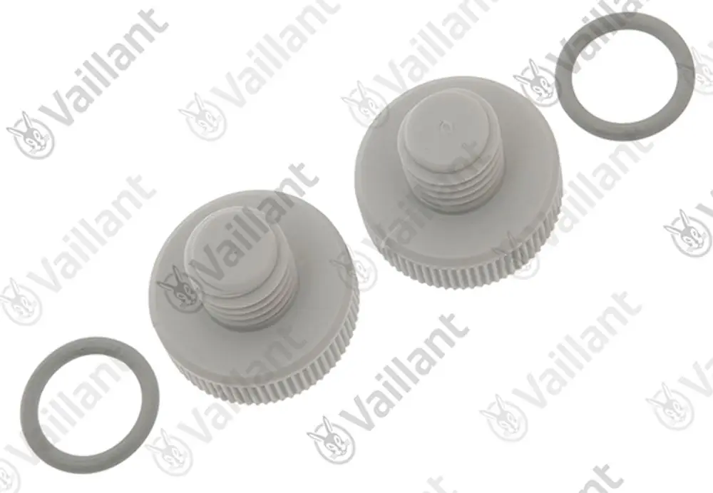 Vaillant Stopfen in Grau, zwei Stück, mit flachem Kopf und Gewinde, zusätzlich eine Dichtung. Ideal für Anwendungen in der Sanitär- oder Heizungsinstallation.